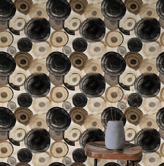 Abstract Swirl Wallpaper Mural: Black Espresso Circles, Hand-Painted Art (Peel & Stick or Unpasted)