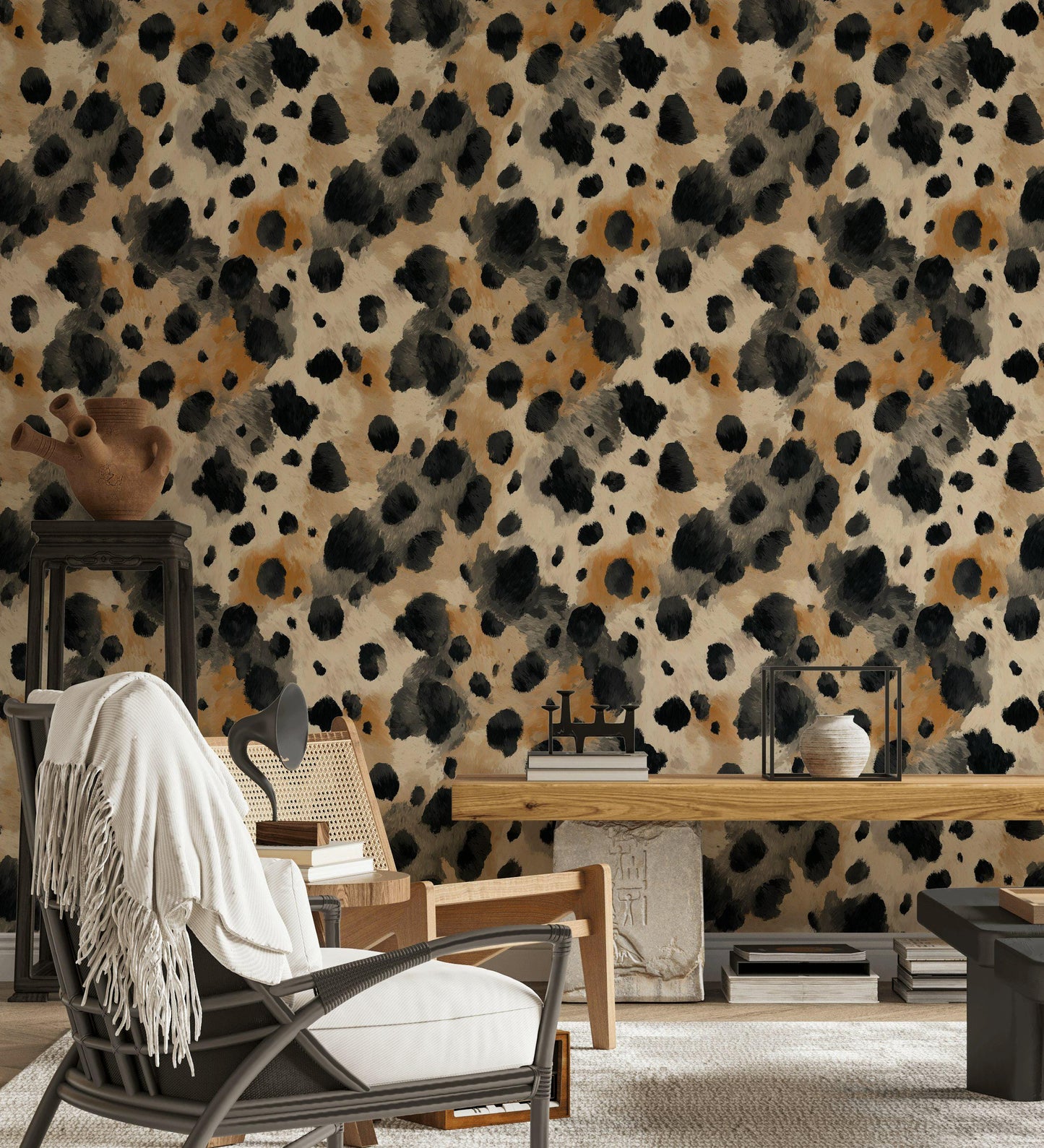 Cowhide Print Wallpaper: Black, Beige, and Tan - Peel & Stick