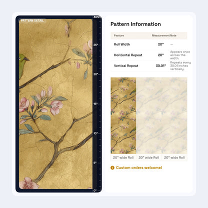 Chinoiserie Gold Leaf Wallpaper: Bird & Cherry Blossom Peel and Stick Mural