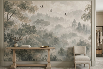Misty Woodland Hills Wallpaper Panoramic Wall Mural