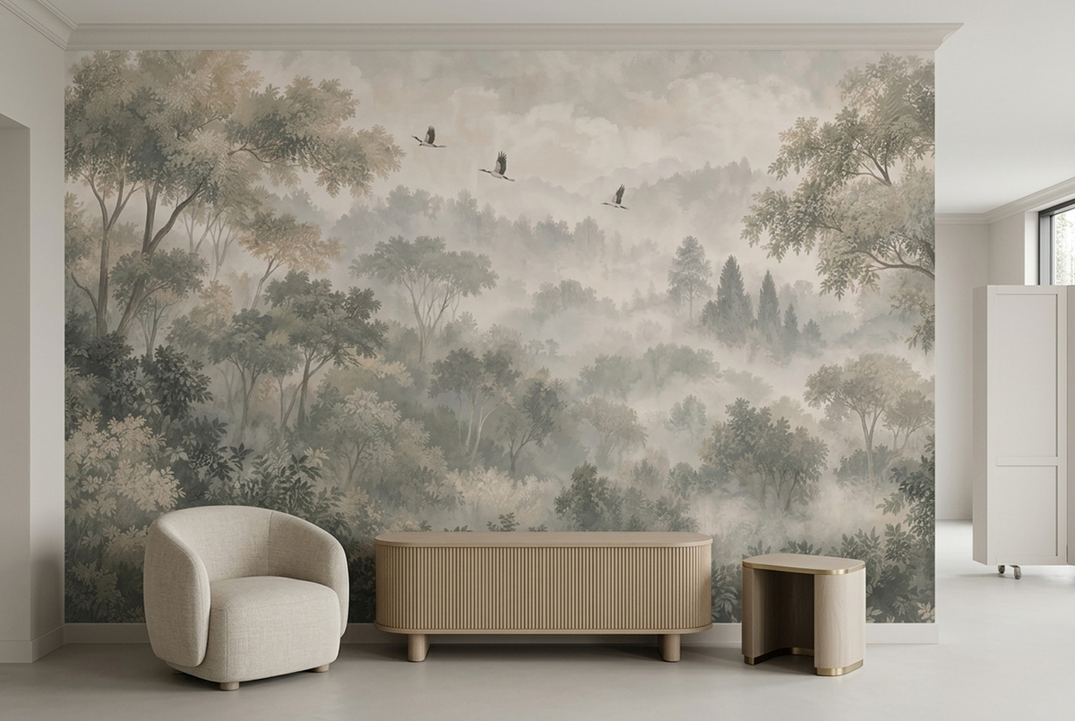 Misty Woodland Hills Wallpaper Panoramic Wall Mural