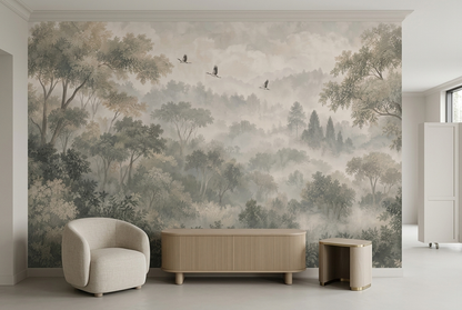 Misty Woodland Hills Wallpaper Panoramic Wall Mural