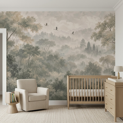 Misty Woodland Hills Wallpaper Panoramic Wall Mural