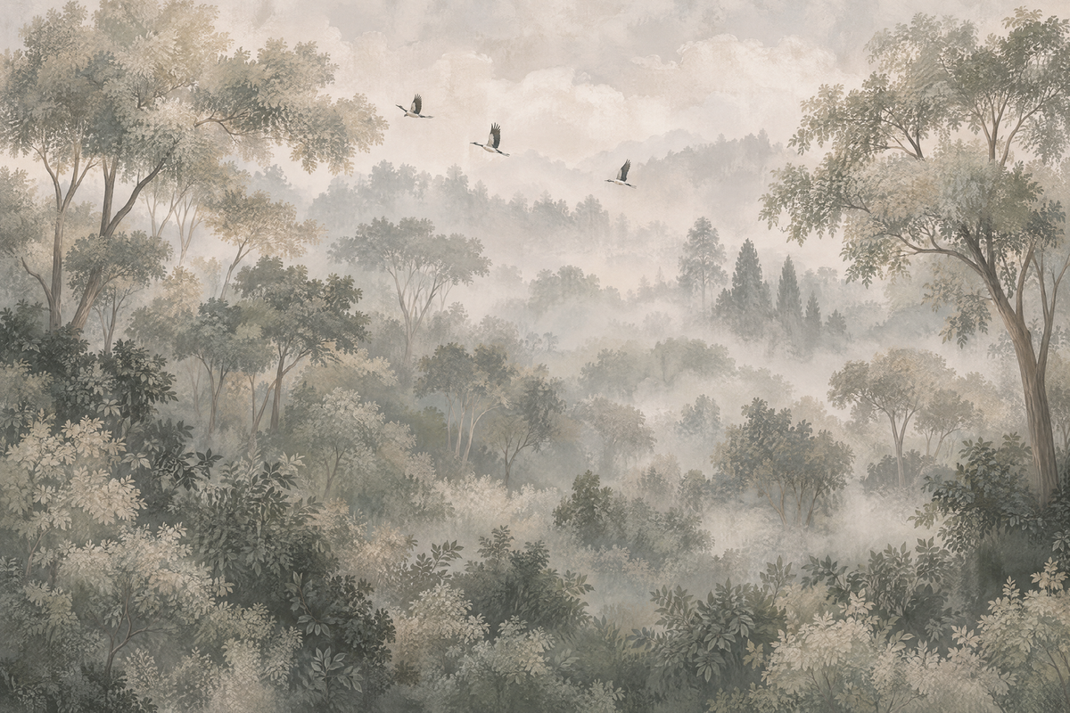 Misty Woodland Hills Wallpaper Panoramic Wall Mural
