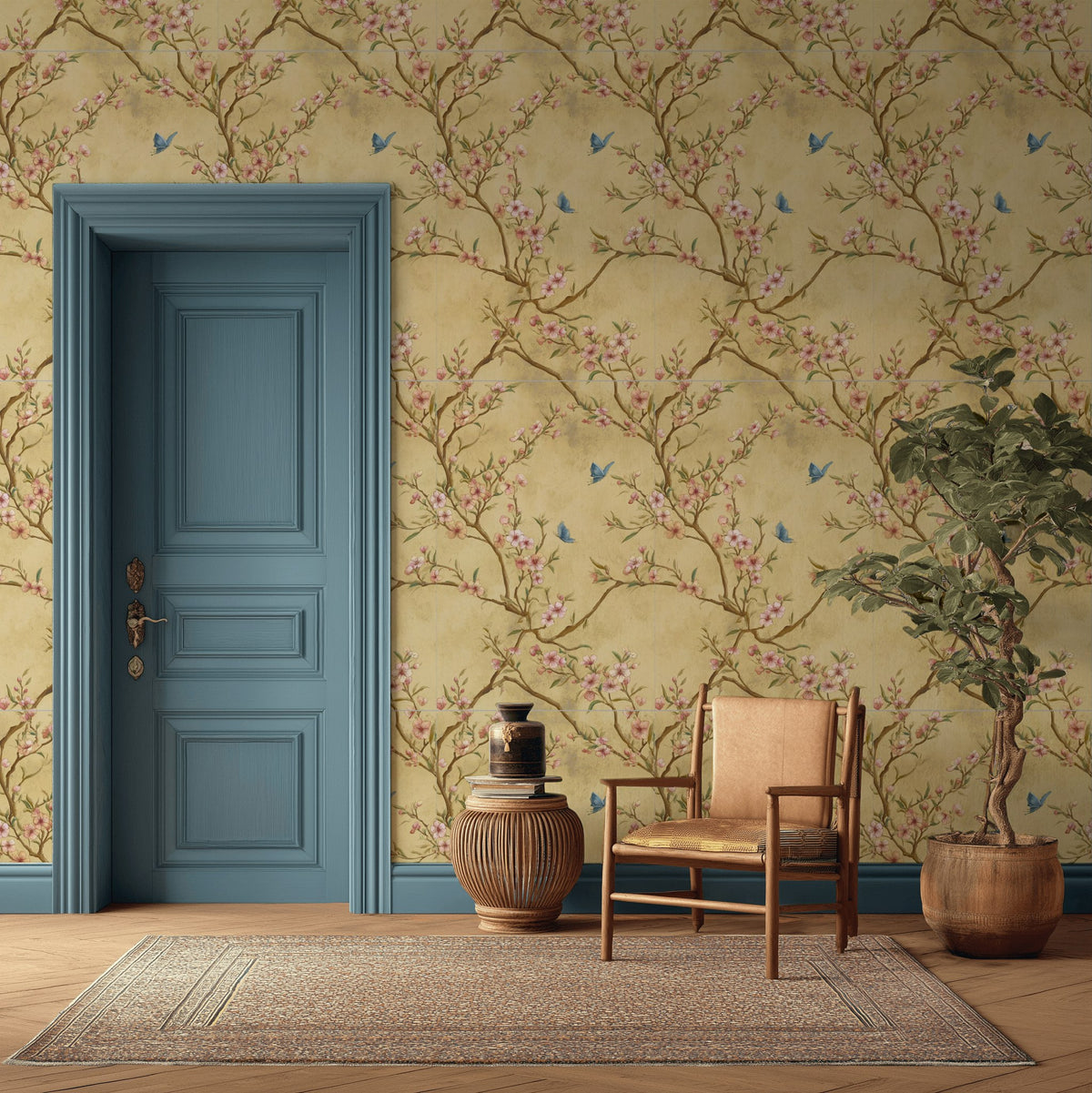 Champagne Gold Blossom Wallpaper Dusty Pink Floral Blue Butterfly