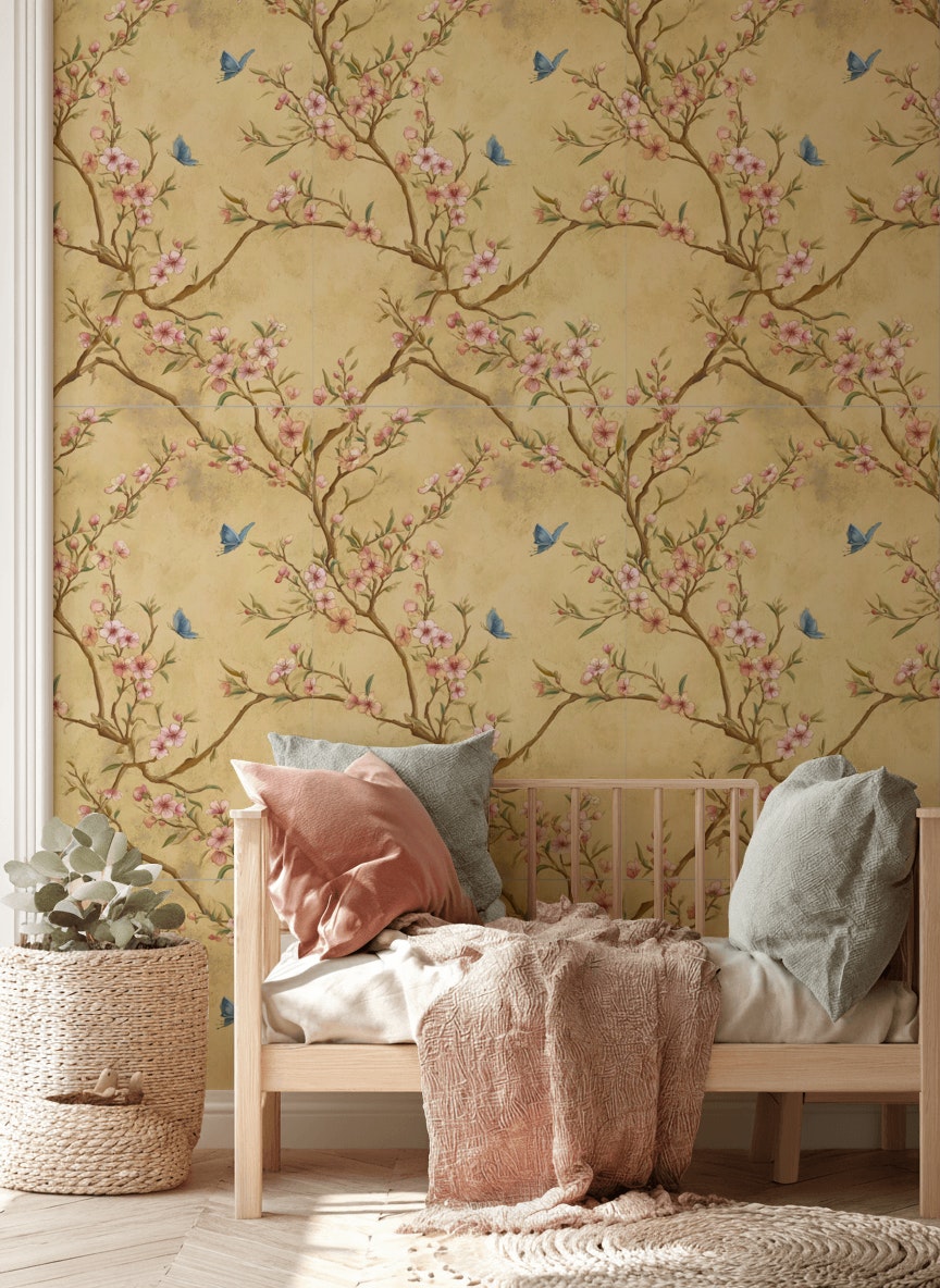 Champagne Gold Blossom Wallpaper Dusty Pink Floral Blue Butterfly