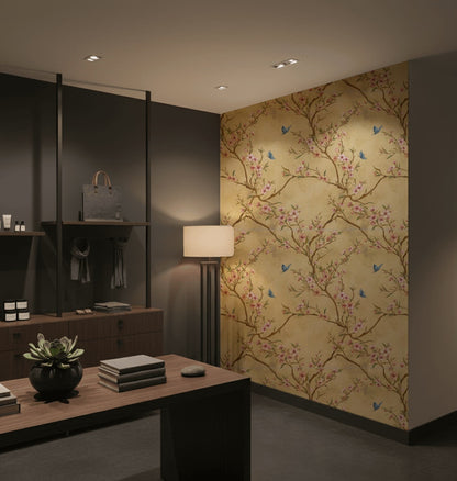 Champagne Gold Blossom Wallpaper Dusty Pink Floral Blue Butterfly