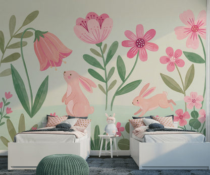 Floral Wallpaper Rabbits Pink Wall Mural