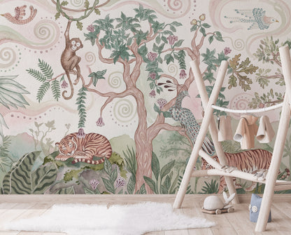 Pastel Tiger Garden Nursery Wall Mural with Peacock