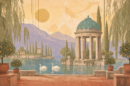 Garden Folly Wall Mural Swan Lake Estate Landscape Luxury Scenic Wallpaper