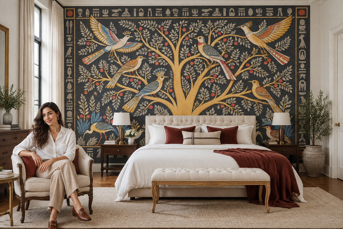 Egyptian Tree of Life Wall Mural Sacred Birds Hieroglyphic Ancient Art