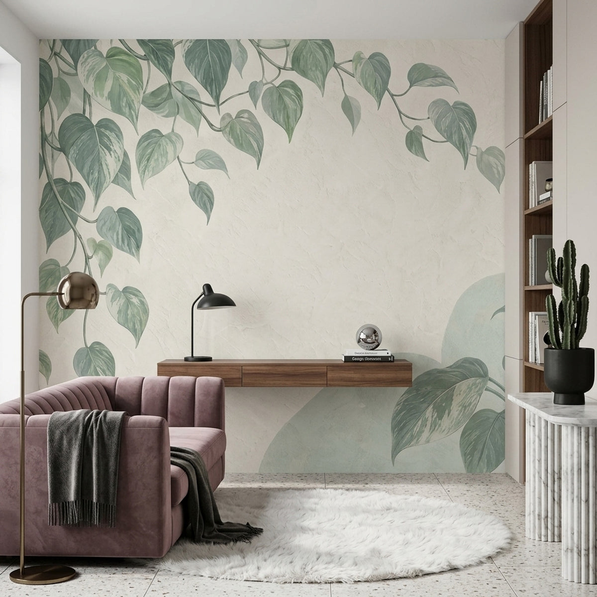 Botanical Vine Wall Mural Sage Green Pothos Leaves Organic Modern Decor