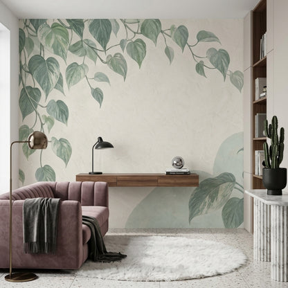 Botanical Vine Wall Mural Sage Green Pothos Leaves Organic Modern Decor