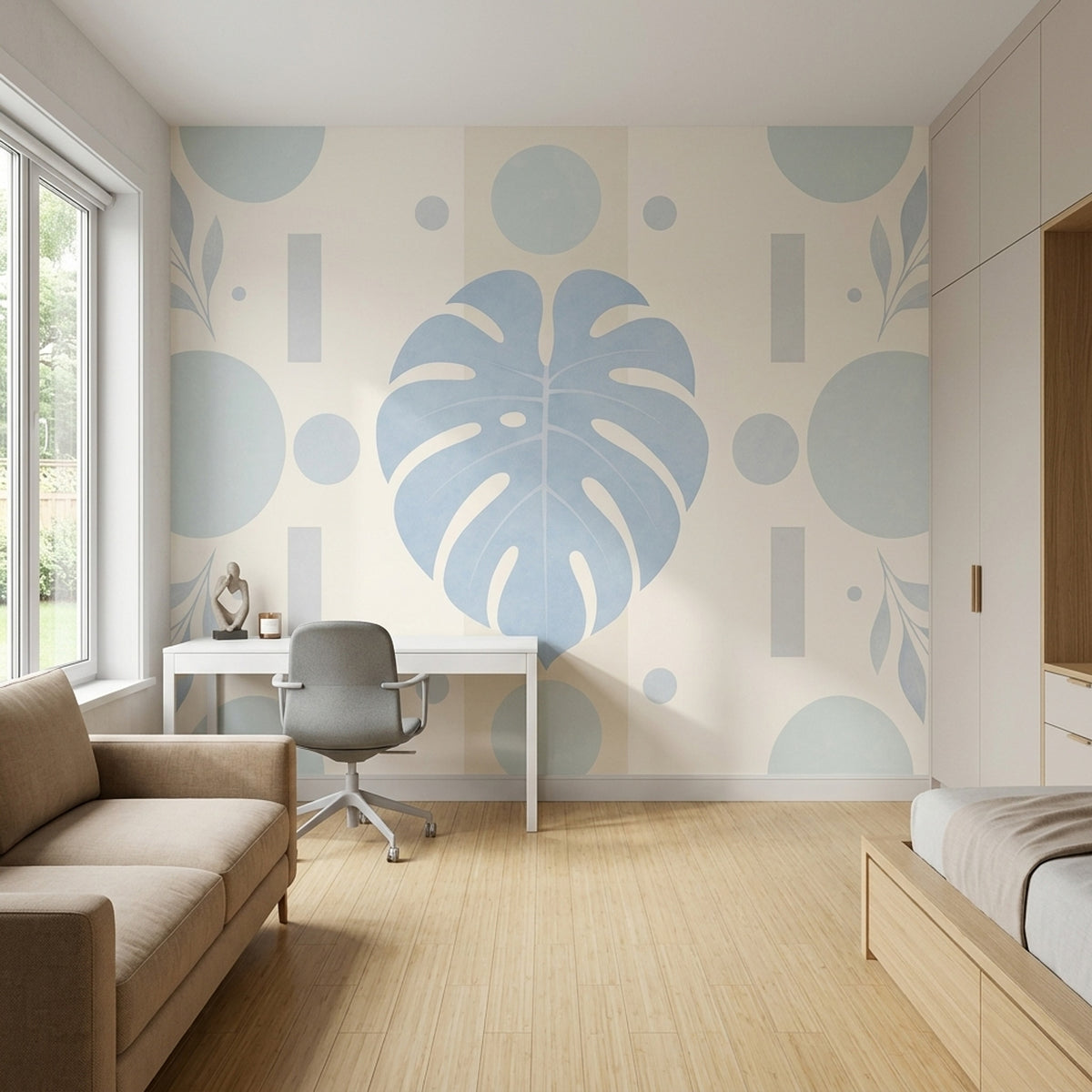 Monstera Wall Mural Soft Blue Sage Geometric Botanical Modern Minimal Decor