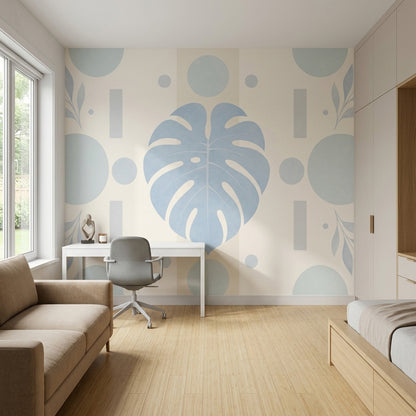Monstera Wall Mural Soft Blue Sage Geometric Botanical Modern Minimal Decor
