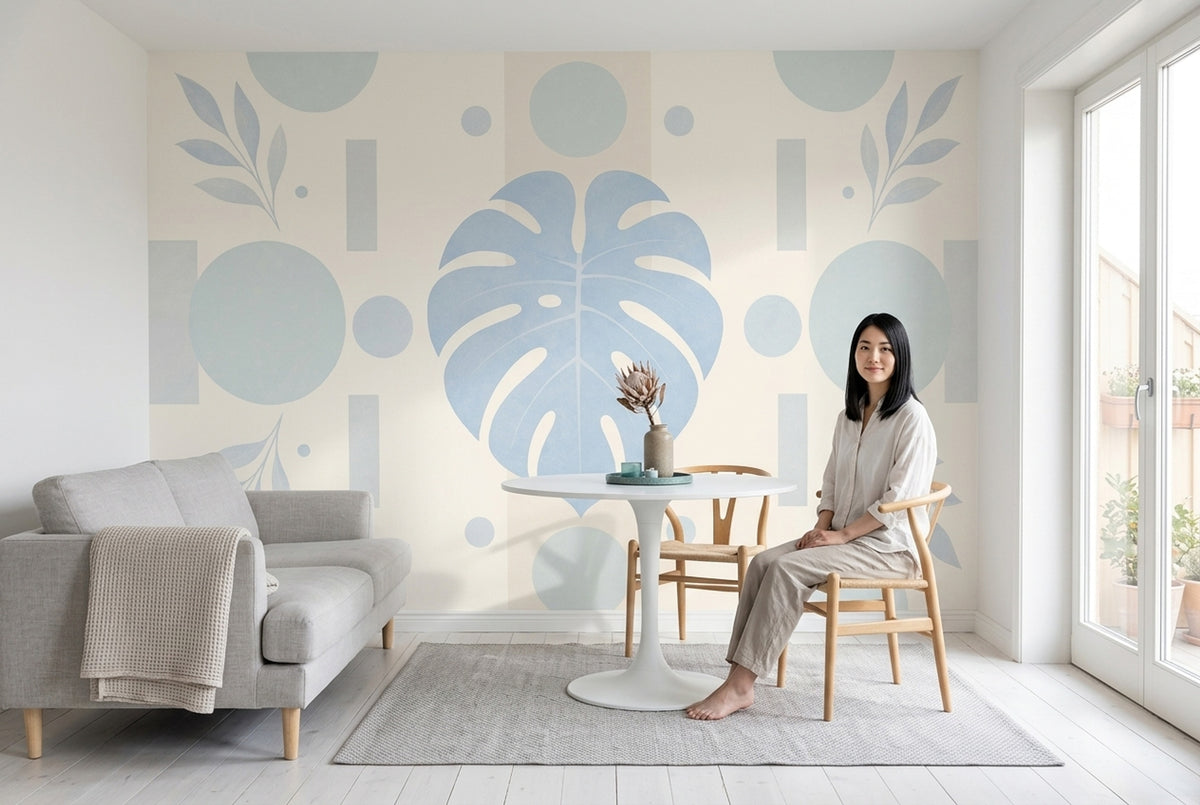 Monstera Wall Mural Soft Blue Sage Geometric Botanical Modern Minimal Decor