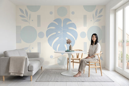 Monstera Wall Mural Soft Blue Sage Geometric Botanical Modern Minimal Decor