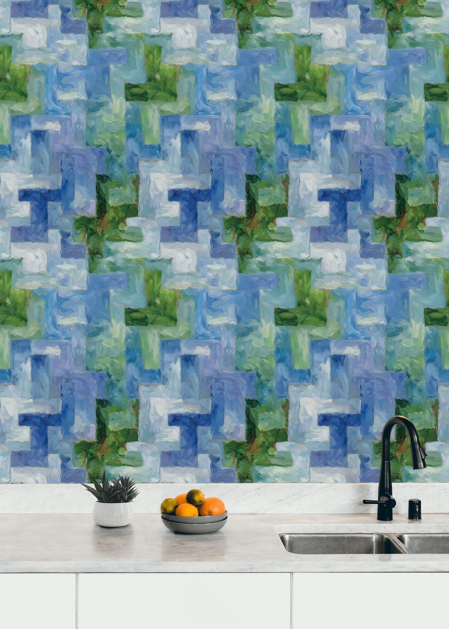 Monet Style Impressionist Mural, Textured Blue Green Block Wallpaper, Vertical Peel & Stick Art Panel