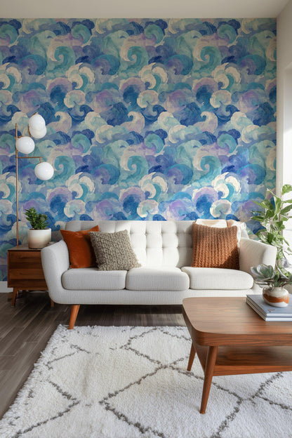 Blue Purple Wave Wallpaper Mural: Abstract Ocean Swirl (Peel & Stick or Unpasted)