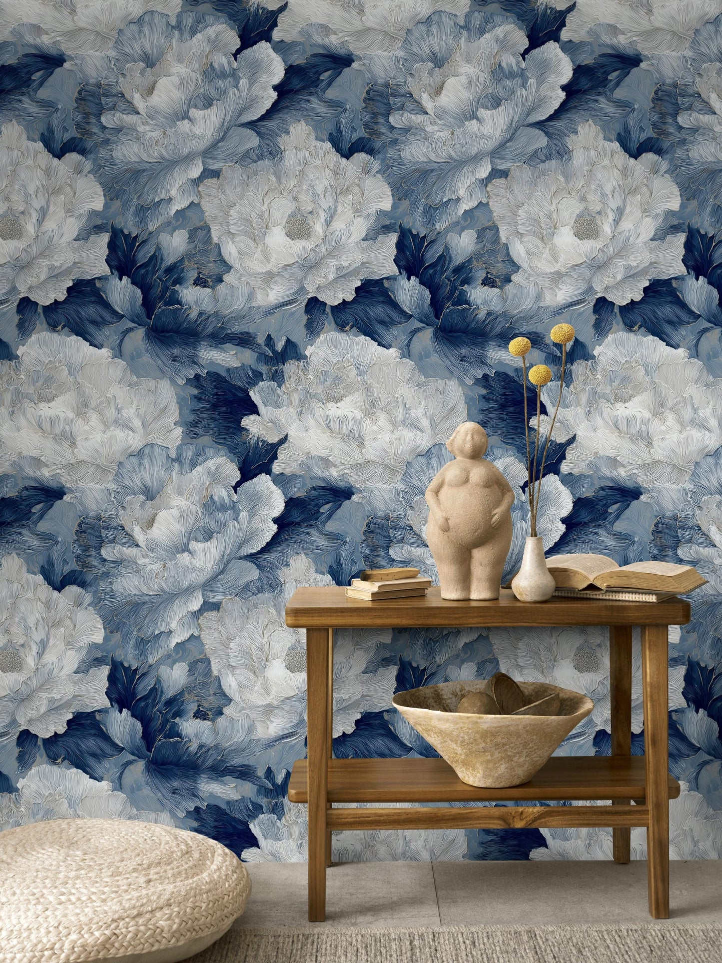 Textured Blue Floral Wallpaper, Modern Botanical Wall Mural, Peony Peel and Stick Decor