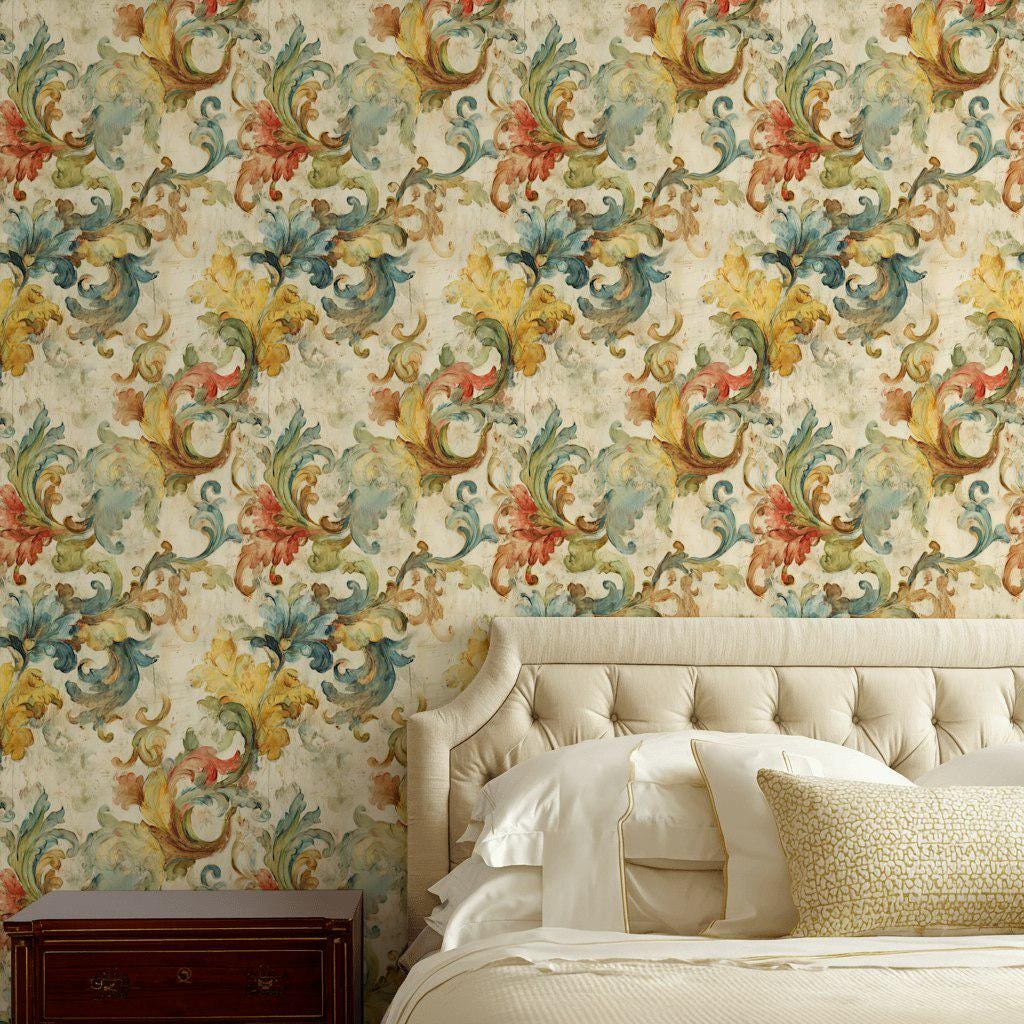 Baroque Scroll Wallpaper, Distressed Pastel Floral Mural, Peel & Stick or Unpasted Vintage Panel