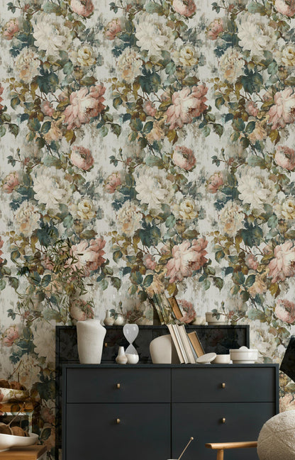Vintage Floral Rose Wallpaper: Shabby Chic Peel and Stick Wall Mural