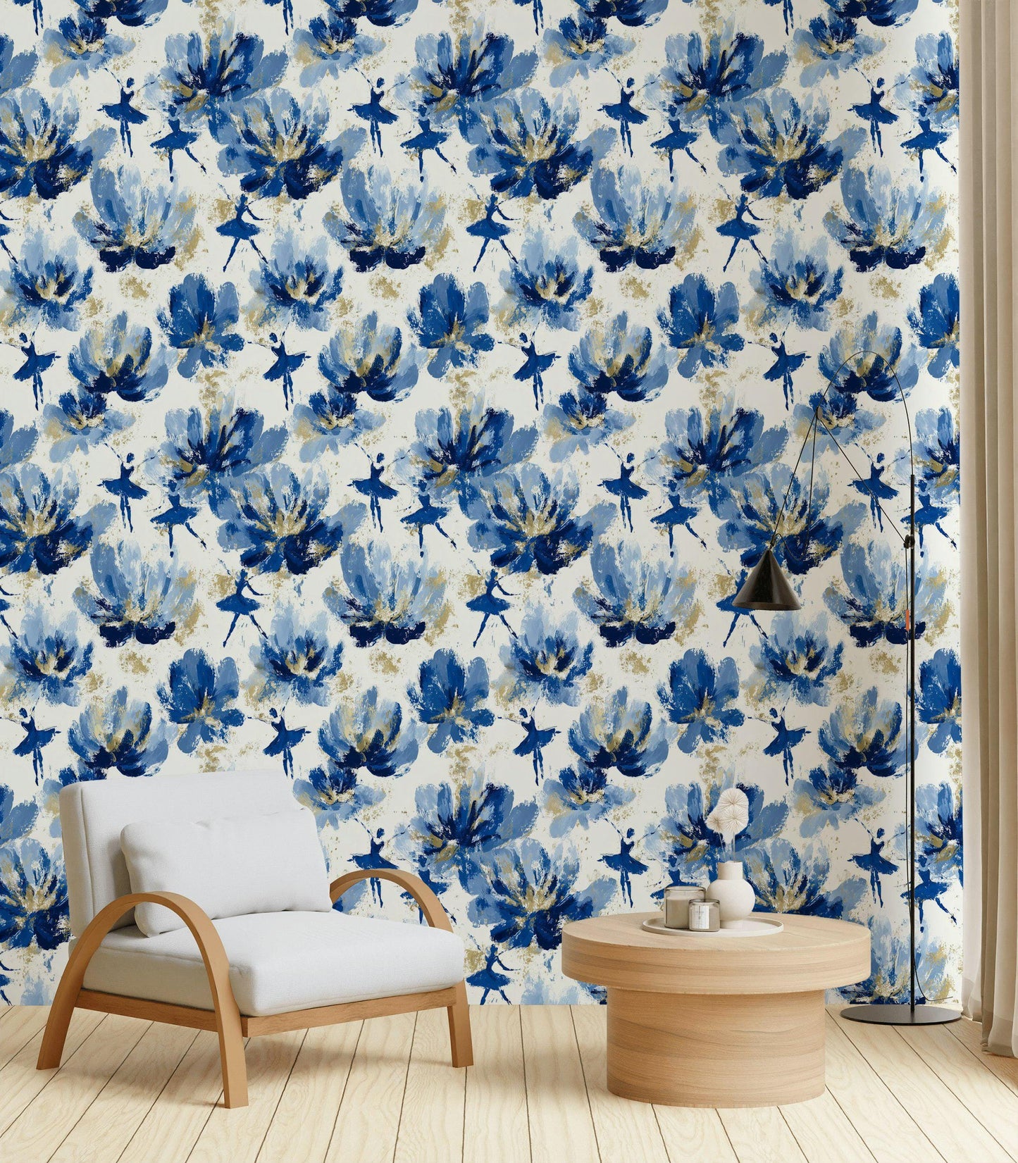 Blue Ballerina Wallpaper, Gold Accented Abstract Floral Mural, Peel & Stick or Unpasted Vertical Panel
