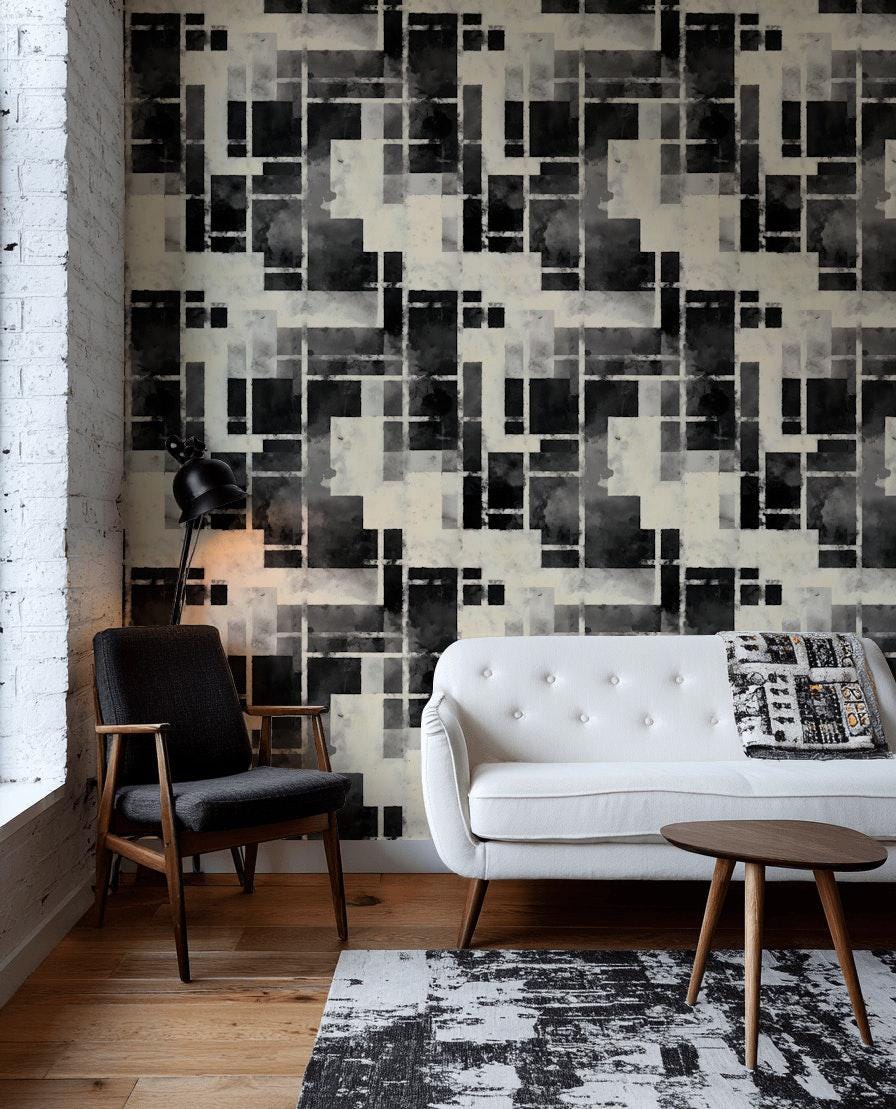 Monochrome Bauhaus Wallpaper: Abstract Watercolor Grid, Peel & Stick Mural