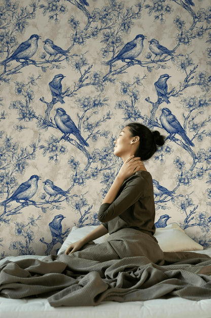 Chinoiserie Bird & Branch Wallpaper | Toile Style Wall Mural | Blue Botanical Peel and Stick Decor