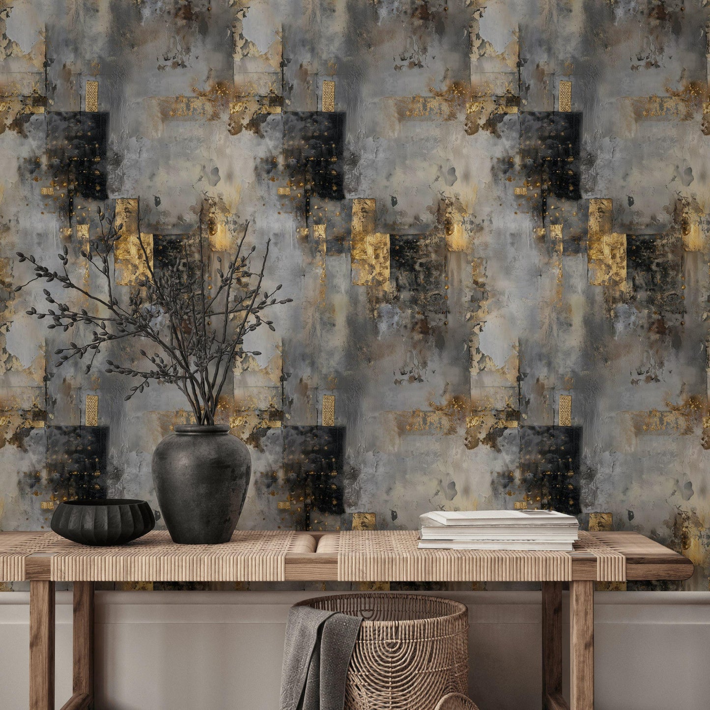 Distressed Concrete Texture Wallpaper | Luxury Gold Grunge Wall Mural | Modern Peel & Stick Art