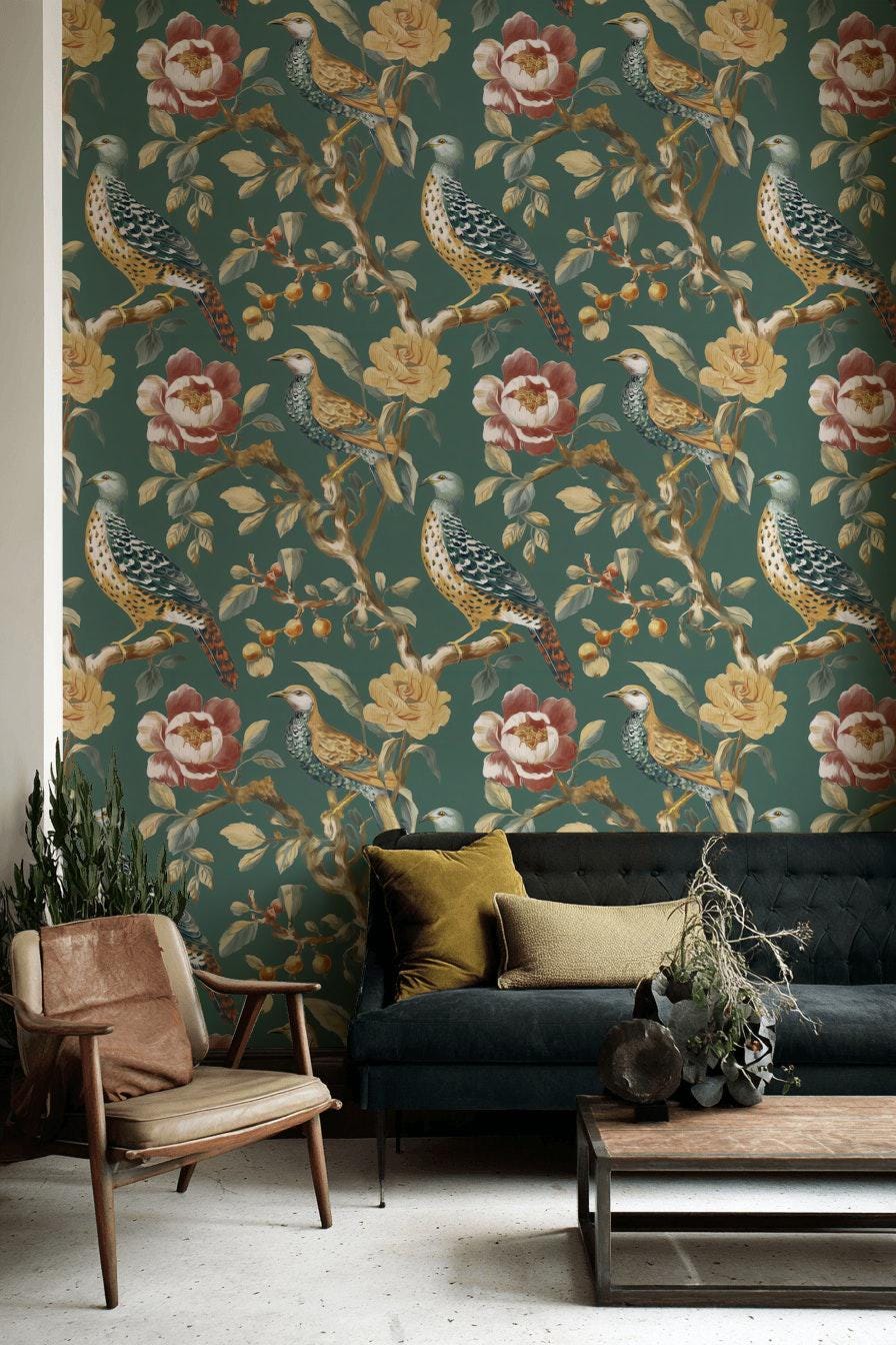 Chinoiserie Bird Wallpaper: Dark Green Floral Peel and Stick Mural