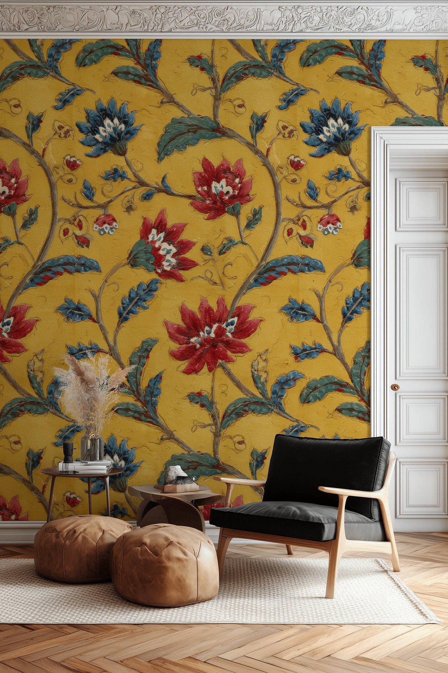Vintage Floral Wallpaper Mural: Yellow, Red & Blue Botanical Peel and Stick