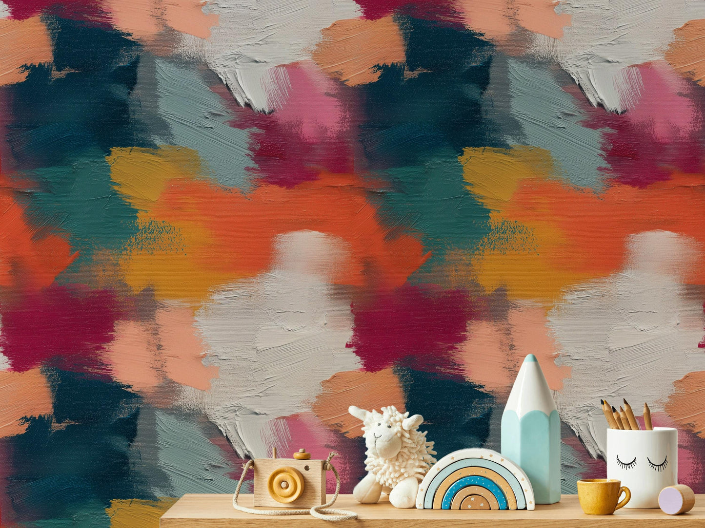 Abstract Bold Brushstroke Wallpaper | Textured Multi-Color Wall Mural | Modern Impasto Peel and Stick Decor