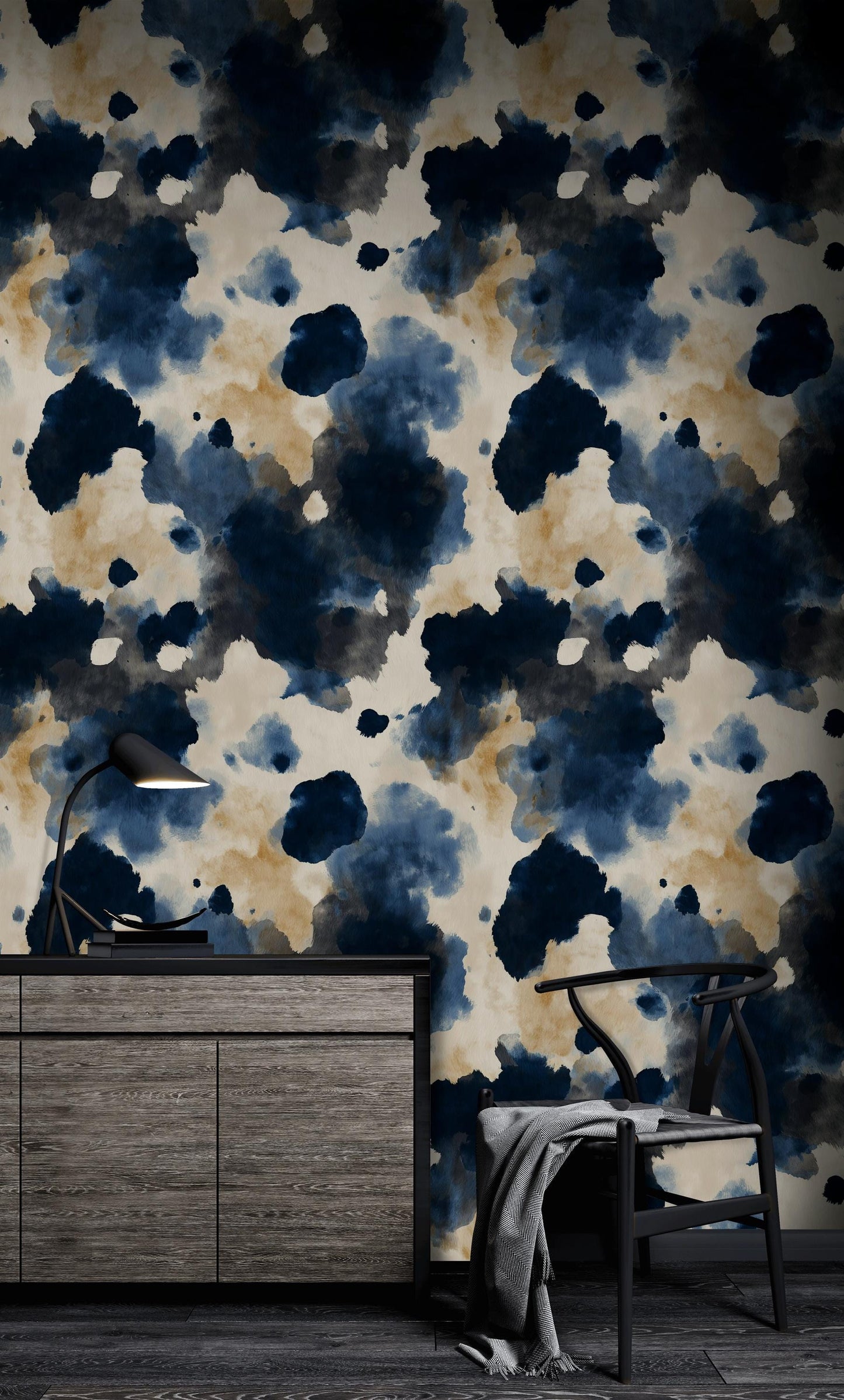 Abstract Cow Print Wallpaper Mural: Navy, Beige, Cream Peel and Stick