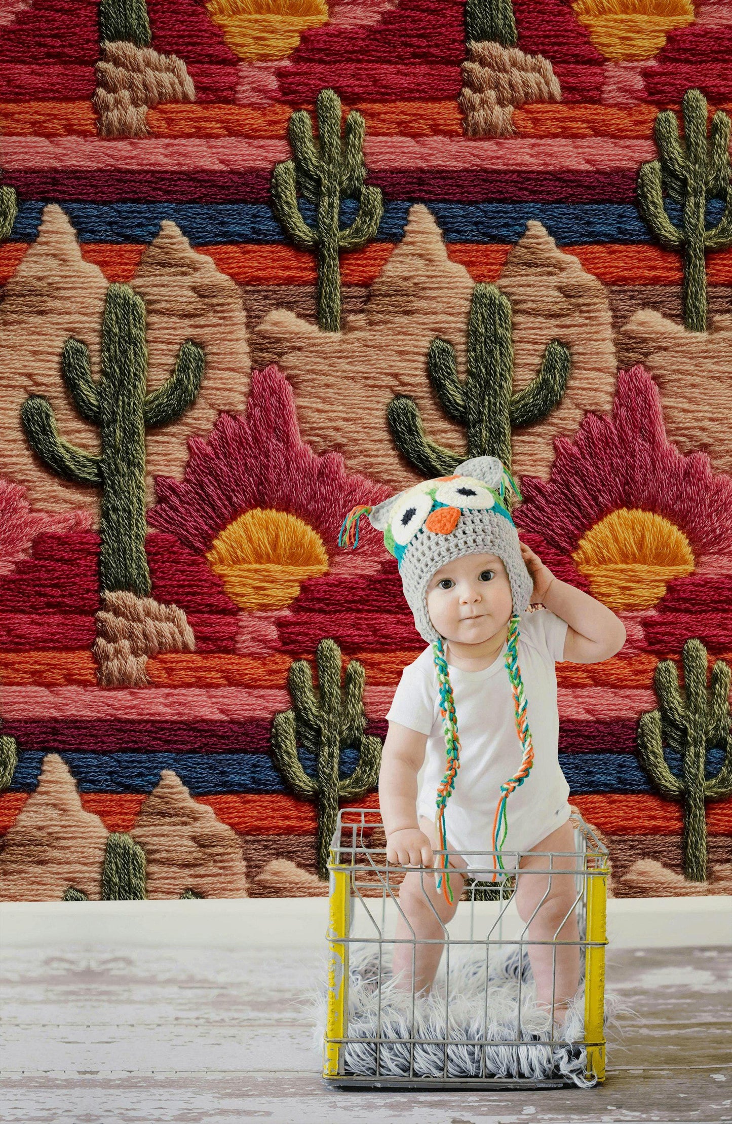 Embroidered Desert Landscape Wallpaper | Southwestern Wall Mural | Boho Peel and Stick Decor