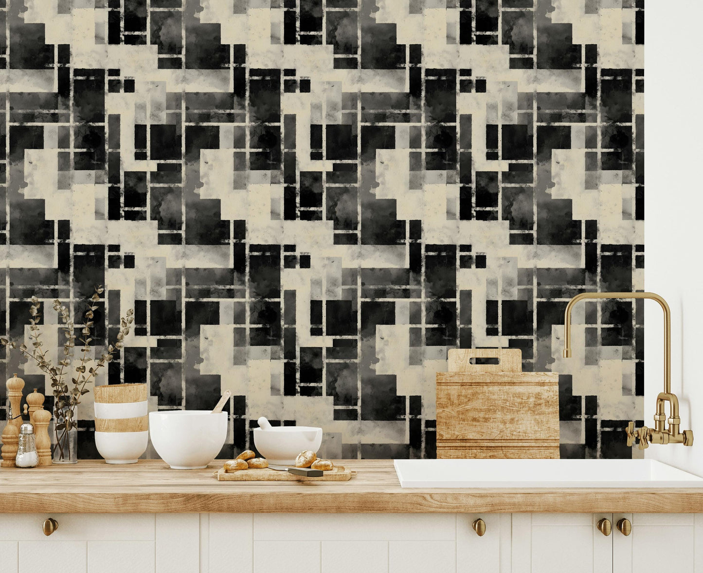 Monochrome Bauhaus Wallpaper: Abstract Watercolor Grid, Peel & Stick Mural