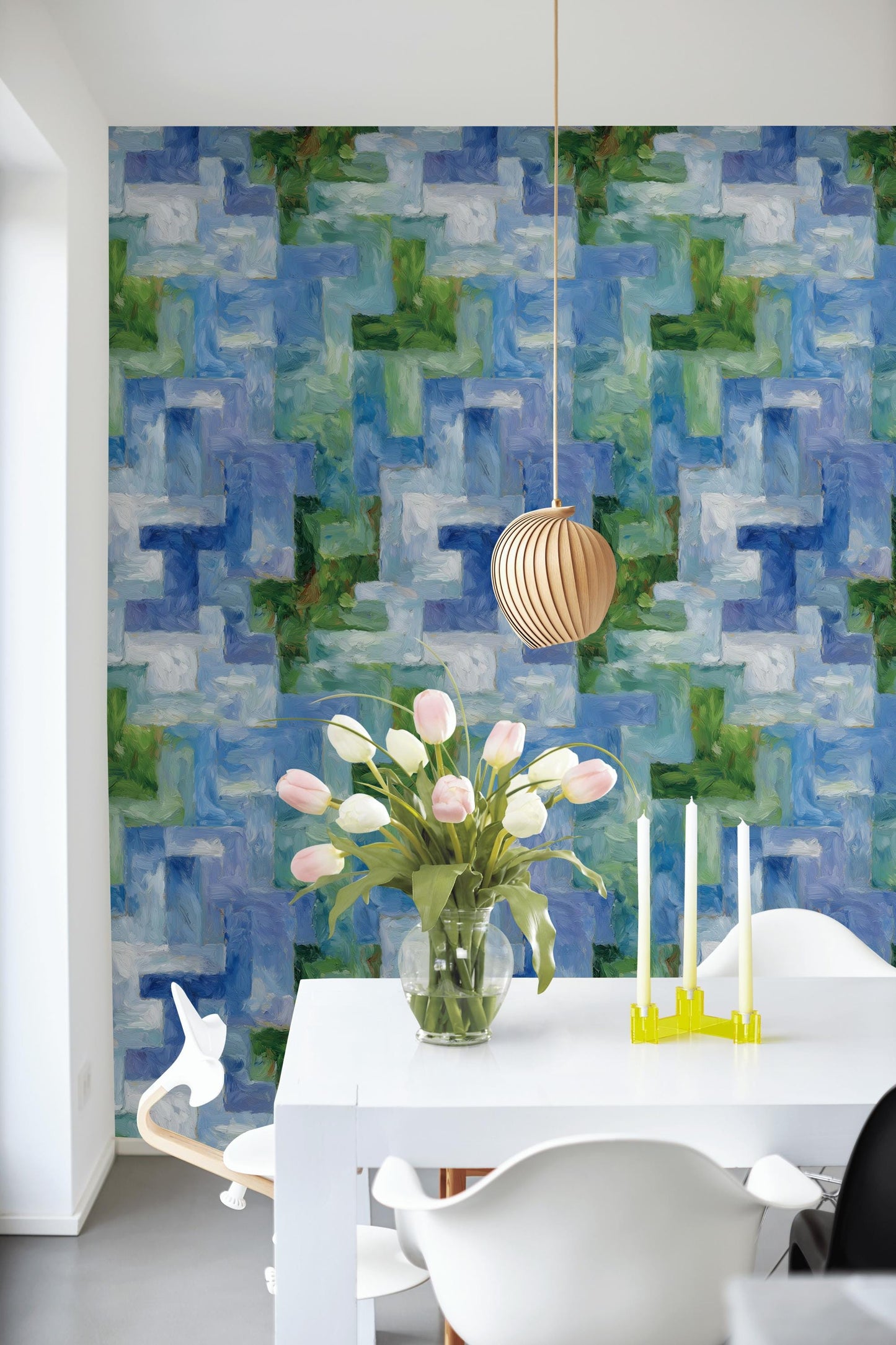 Monet Style Impressionist Mural, Textured Blue Green Block Wallpaper, Vertical Peel & Stick Art Panel