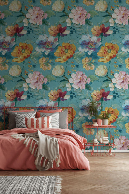 Textured Floral Wallpaper, Impasto Style Wall Mural, Turquoise and Pink Peel and Stick Art