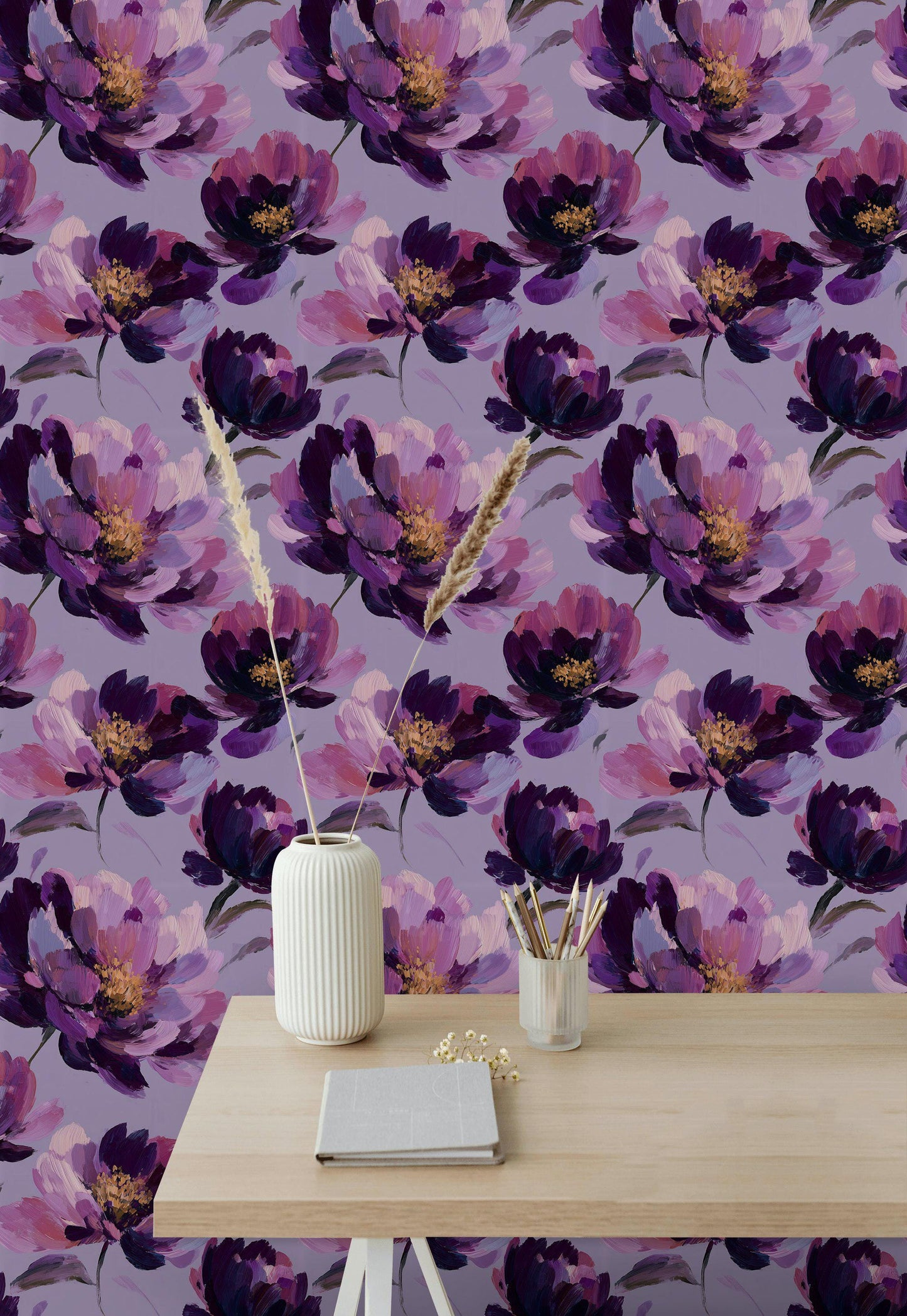 Purple Floral Wallpaper, Abstract Oil Paint Wall Mural, Bold Magenta Peel and Stick Decor