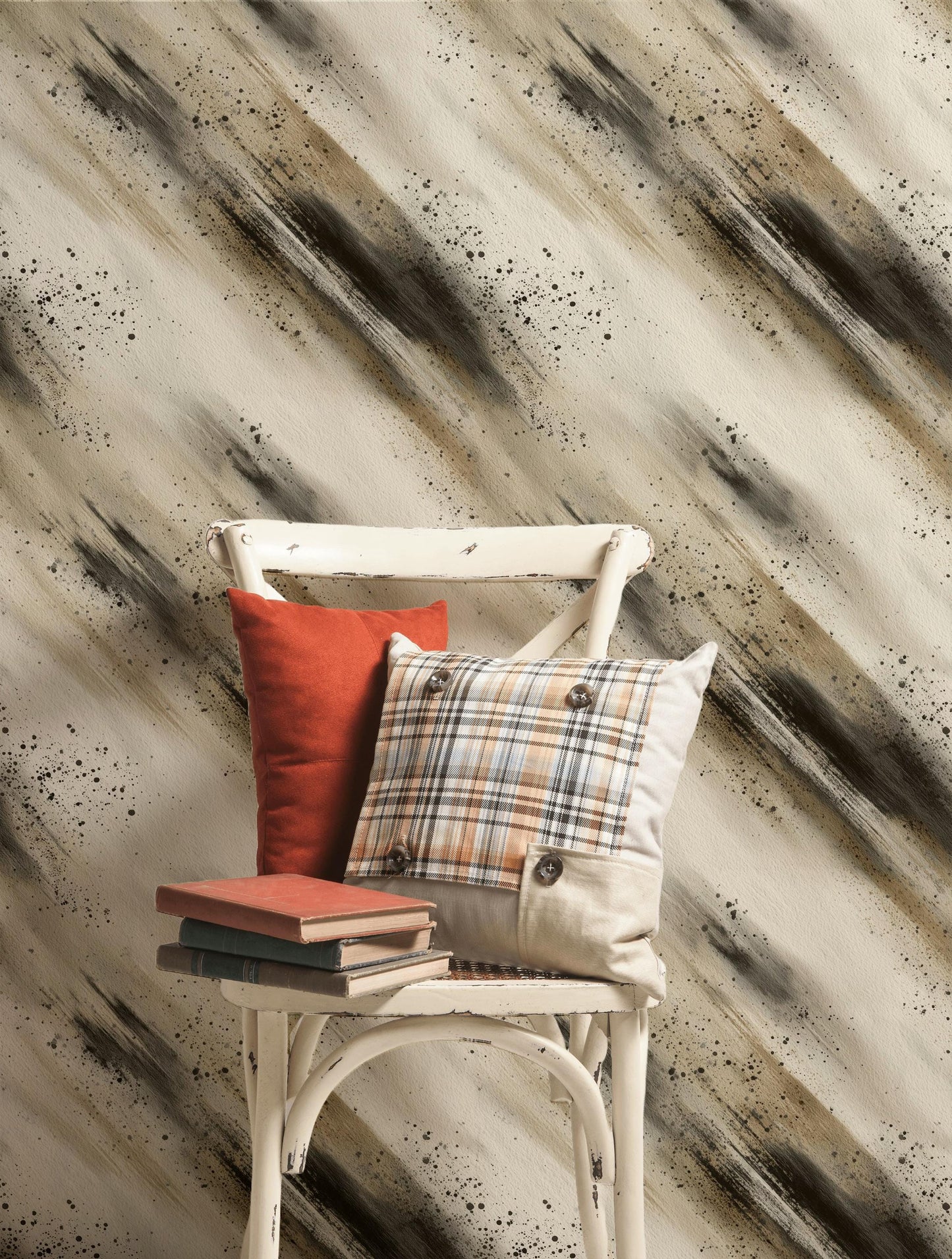 Abstract Brush Stroke Peel and Stick Wallpaper: Neutral Ink Wash Mural