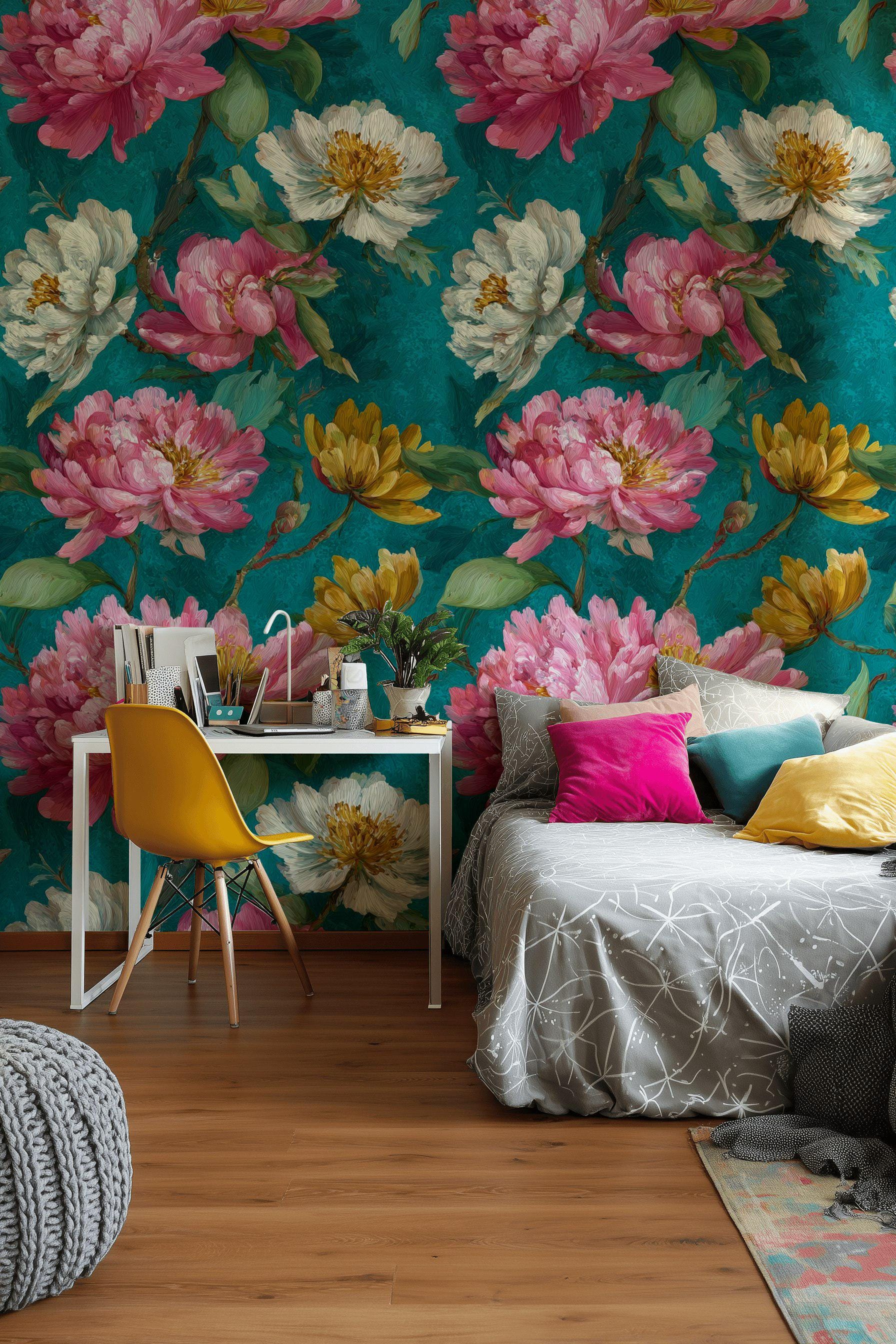 Impasto Peony Wallpaper Mural: Turquoise & Pink Floral Peel and