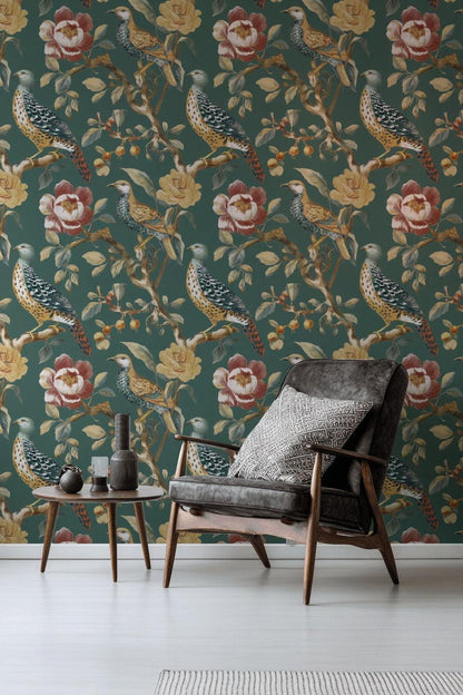 Chinoiserie Bird Wallpaper: Dark Green Floral Peel and Stick Mural