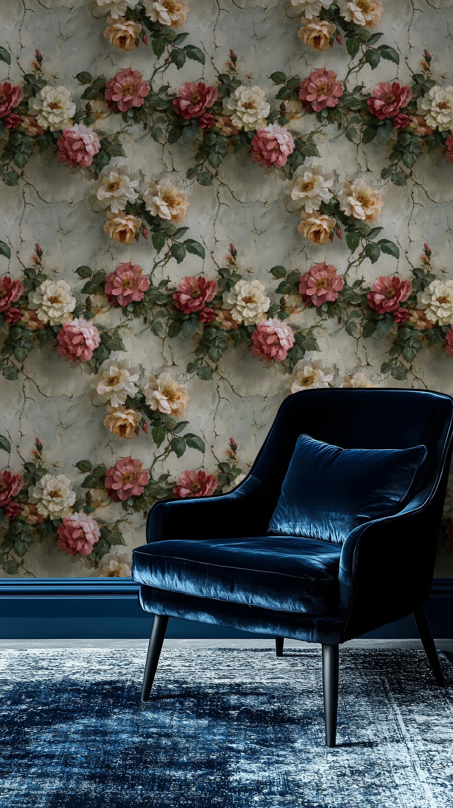 Rose Mural Wallpaper: Shabby Chic Crackle Effect (Peel & Stick)
