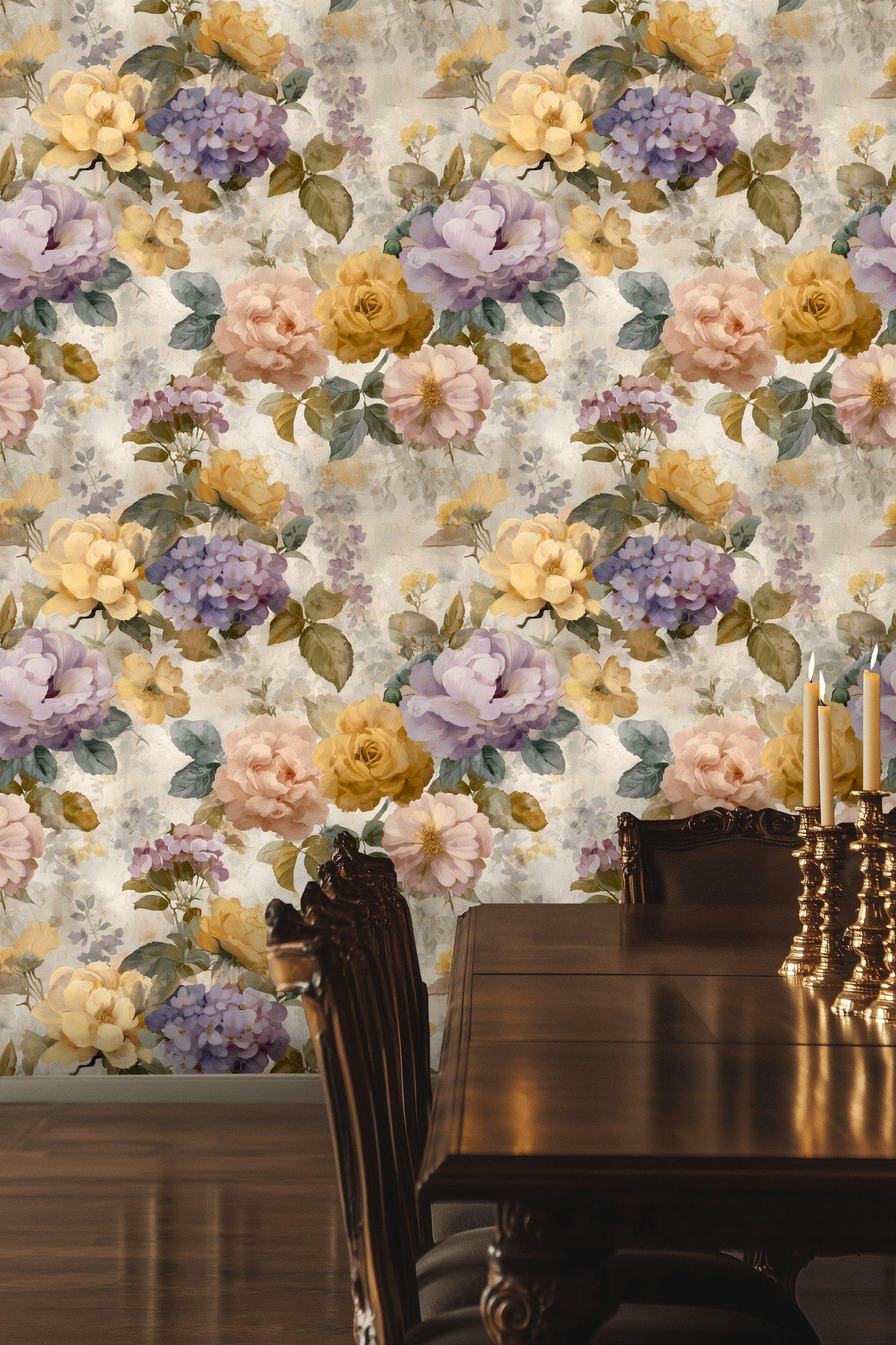 Vintage Floral Wallpaper: Pastel Rose & Peony Shabby Chic Peel and Stick Wall Mural