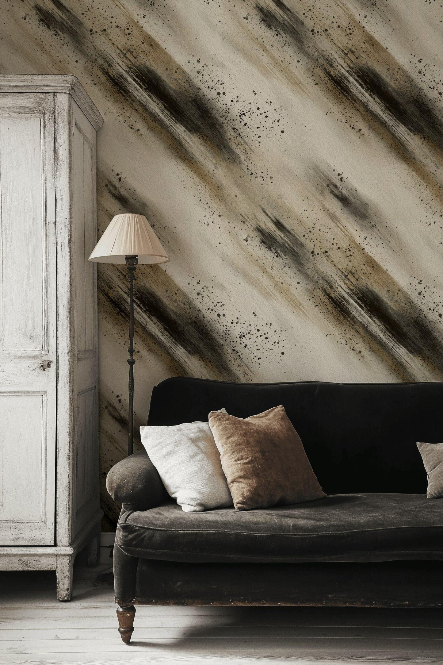 Abstract Brush Stroke Peel and Stick Wallpaper: Neutral Ink Wash Mural