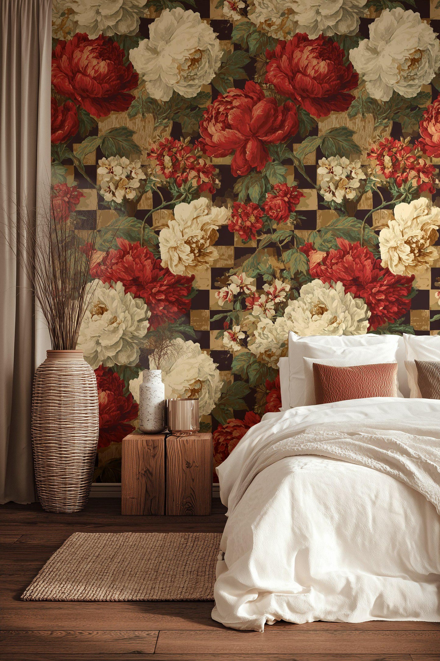 Dark Academia Floral Wallpaper: Vintage Checkered Peel and Stick Mural