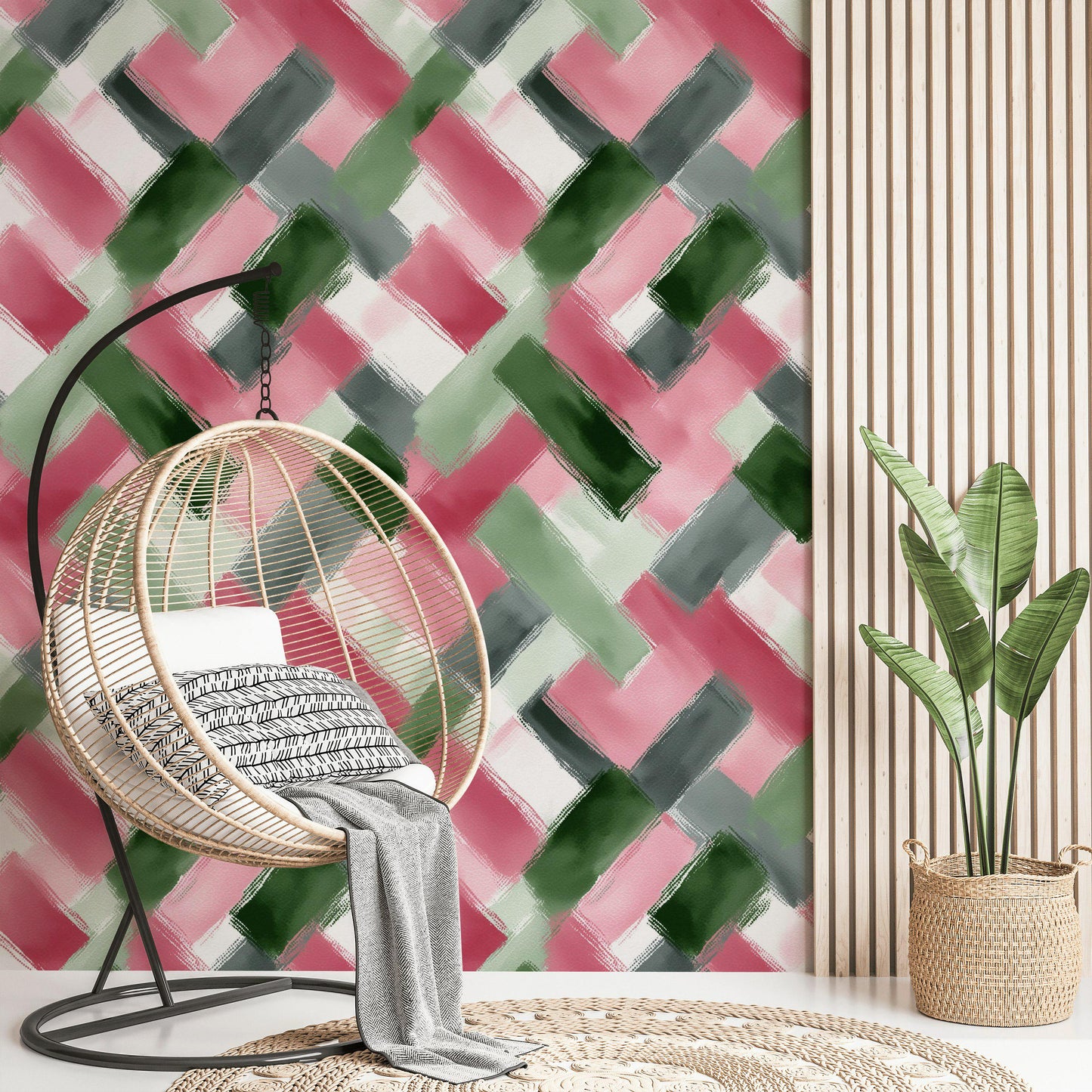 Abstract Brushstroke Wallpaper | Modern Pink Green Wall Mural | Geometric Pattern Peel and Stick Decor