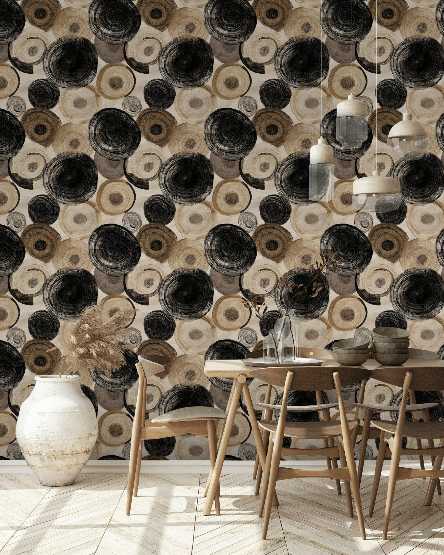 Abstract Swirl Wallpaper Mural: Black Espresso Circles, Hand-Painted Art (Peel & Stick or Unpasted)