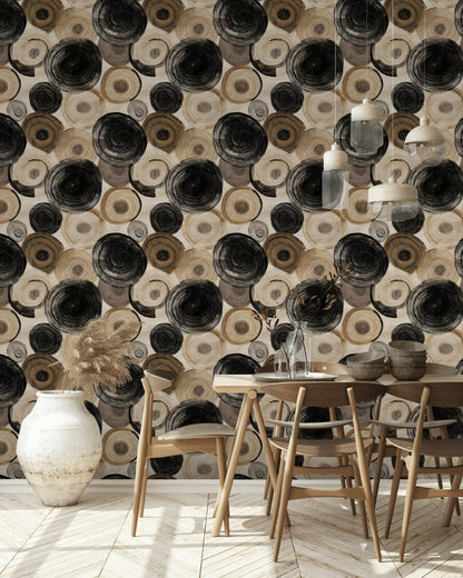 Abstract Swirl Wallpaper Mural: Black Espresso Circles, Hand-Painted Art (Peel & Stick or Unpasted)