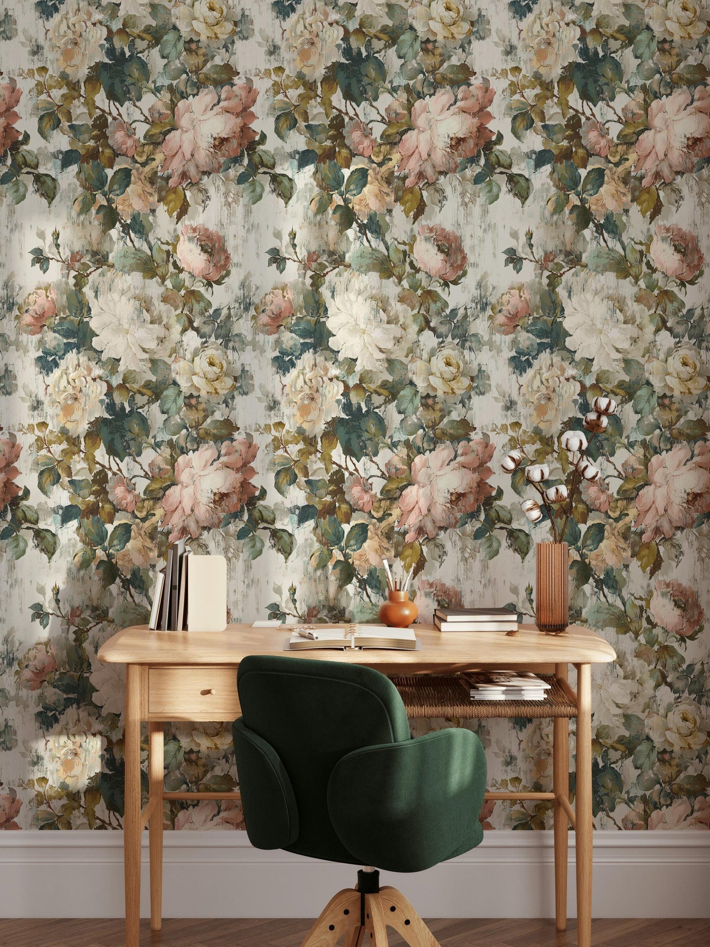 Vintage Floral Rose Wallpaper: Shabby Chic Peel and Stick Wall Mural